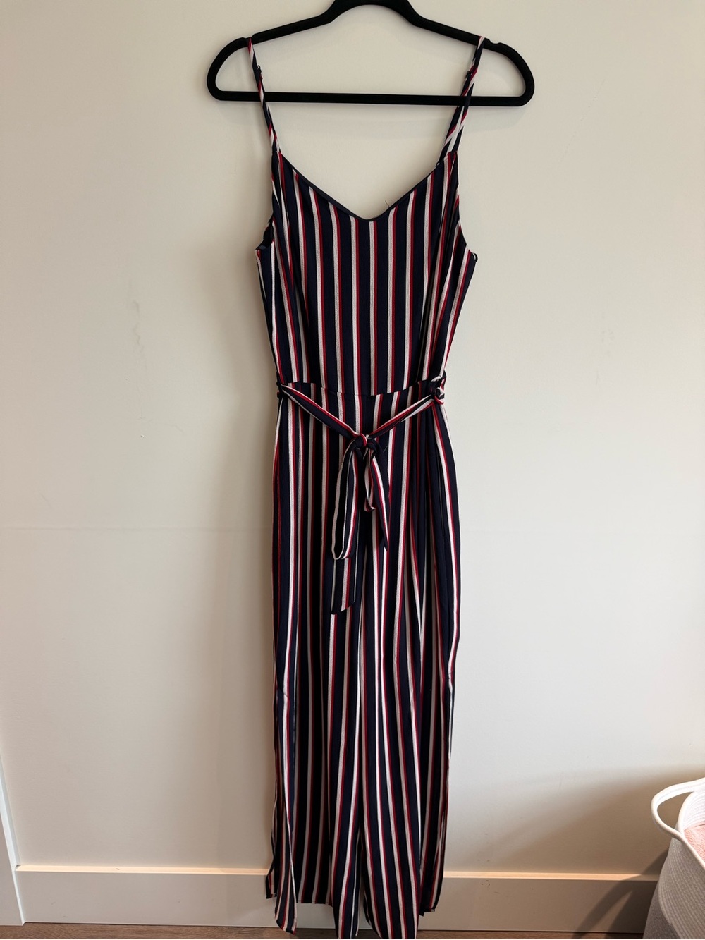 Striped Navy, Red & White Sleeveless Wide Leg Jumpsuit Waist Tie